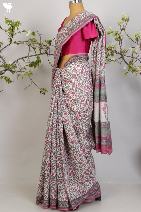 Kota Doria Saree in a Pink Floral Hand Block Print